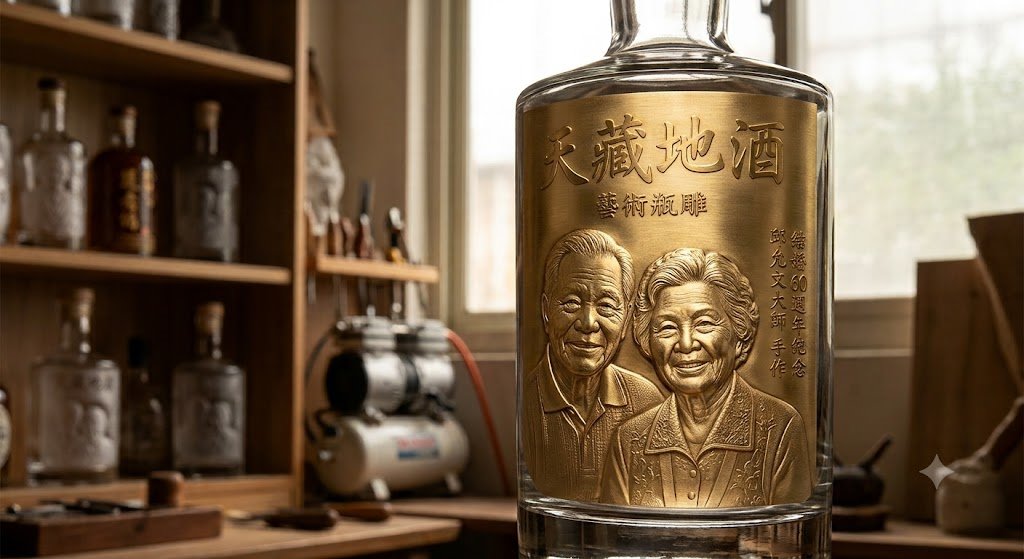 台中酒瓶雕刻相片作品展示,人像照片轉瓶雕